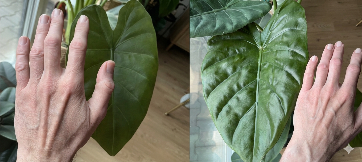 Alocasia Wentii leaf size comparison